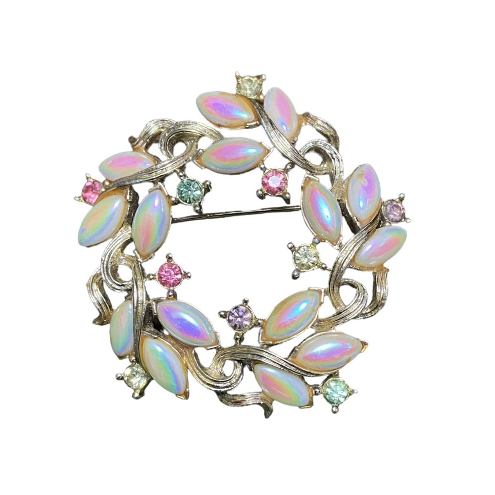 Vintage Tara Pink Iridescent Rhinestone Gold Tone Brooch